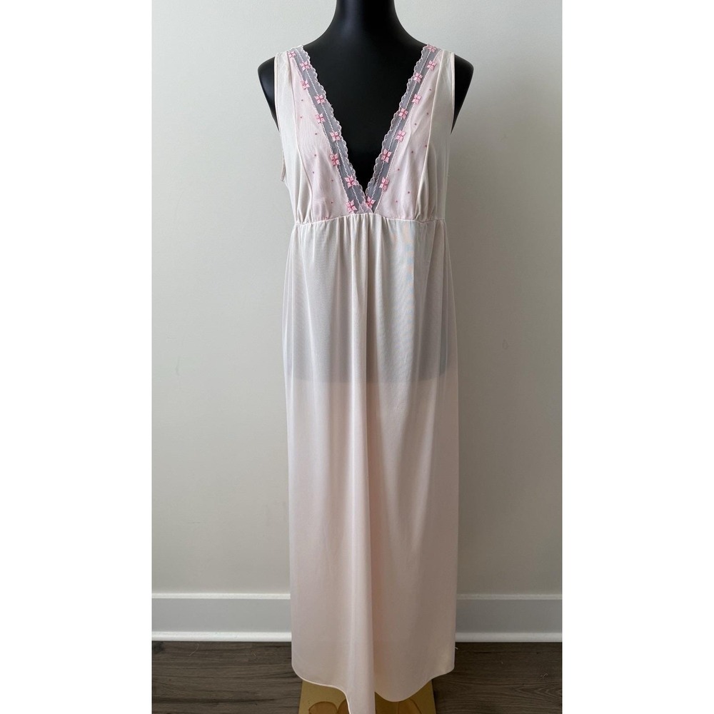 Vintage Mistee Nightgown 60s Women's L Sheer Pink Embroidery Deep V Sexy EUC